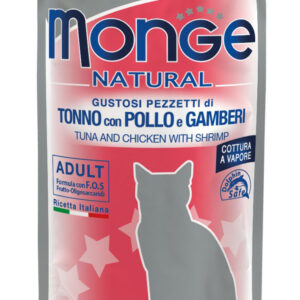 Monge Natural kons. pašaras suaug. katėms tuno ir vištienos kąsneliai su krevetėmis želėje 80g