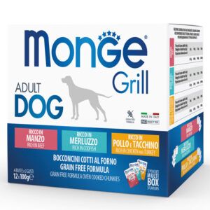 Monge GRILL MIX Dog Adult jautiena/menkėmis/vištiena ir kalakutiena 100gx12